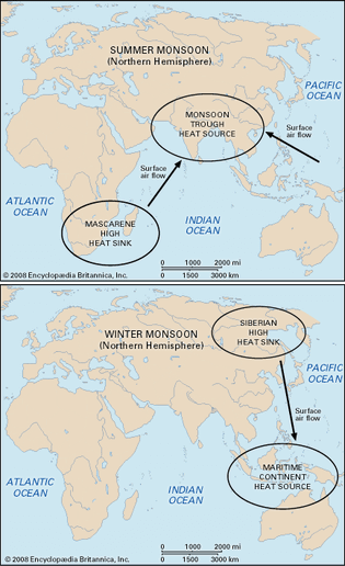 Map of climatic heat sources and heat sinks for Asian summer and winter monsoons.