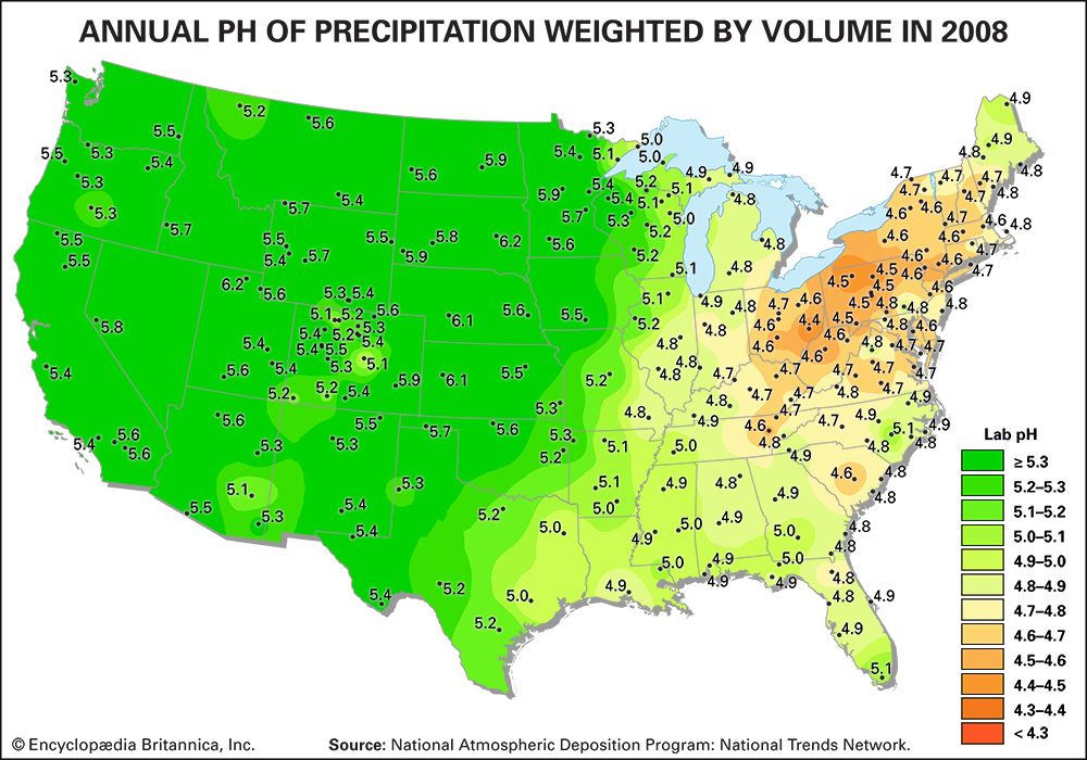 precipitation pH in the United States, 2008