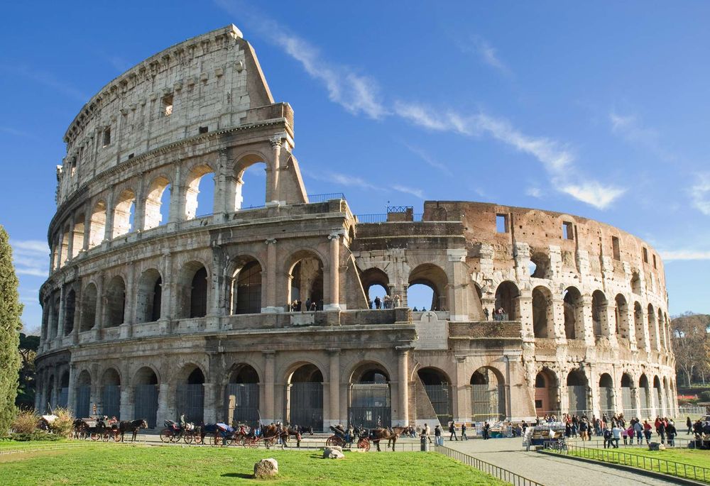 The Colosseum, Rome, Italy.  Giant amphitheatre built in Rome under the Flavian emperors. (ancient architecture; architectural ruins)