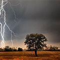 Lightning over a farm field. Weather electricity thunderstorm light energy tree