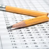 Broken pencil on a standardized test. (testing, education, exam, SAT test)