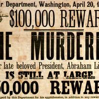 Broadside advertising reward for capture of president Abraham Lincoln assassination conspirators, illustrated with photographic prints of John H. Surratt, John Wilkes Booth, and David E. Herold, 1865.