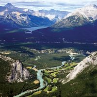 Banff National Park. Aerial view of Lake Louise in Banff National Park, Alberta, Canada. Aerial perspective.