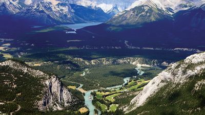 Banff National Park. Aerial view of Lake Louise in Banff National Park, Alberta, Canada. Aerial perspective.