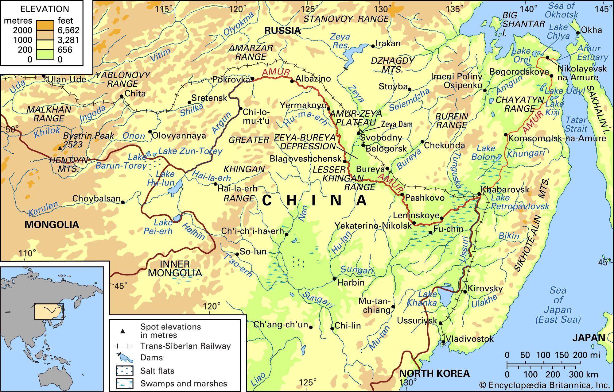 The Amur River basin and its drainage network.