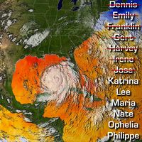 This image depicts a 3-day average of actual sea surface temperatures for the Caribbean Sea and Atlantic Ocean, from August 25-27, 2005 during Hurricane Katrina, with 2005 hurricane season names overlaid