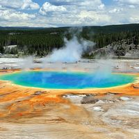 Archaea at Midway Geyser Basin in the Grand Prismatic Spring, Yellowstone National Park, Wyoming. Largest hot spring in Yellowstone, third largest in the world. Temp. 147-188F Dim. 250x380 ft. Archaeon, archeon, Yellowstone Geysers, algae