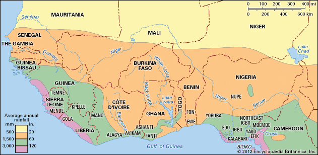 Distribution of peoples and annual rainfall in the Guinea Coast region. The northern boundary of the 500-mm isohyet (a line on a map connecting points experiencing the same rainfall amount) approximates the maximum advance of the West African summer monsoon.