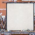 Blank canvas in an artist's studio. Art; oil paints; brushes; artists' tools