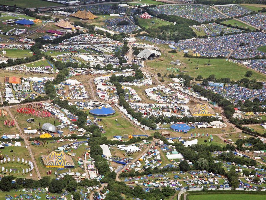 Aerial view as people move around the site at the Glastonbury Festival at Worthy Farm, Pilton on June 26 2008 in Glastonbury, Somerset, England.