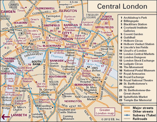 Interactive map of Central London, including the historic City of London and parts of Westminster, Camden, Islington, Tower Hamlets, Southwark, and Lambeth.