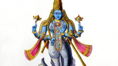 Matsya avatar of Vishnu, 19th-century lithograph. Vishnu in his avatar of Matsya, a fish. Lithograph from L'Inde Francaise, Paris, 1828. Hindu trinity, Hinduism.