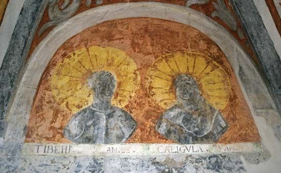 Mural of Tiberius and Caligula in the inner courtyard of Forchtenstein Castle, Burgenland, Austria.