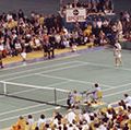 Bobby Riggs (bottom) and Billie Jean King during the "Battle of the Sexes" match at the Houston Astrodome, Texas, September 20, 1973. (tennis)