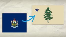 The video thumbnail image shows the existing Maine state flag, a blue background with the state seal, potentially being replaced by a new design, a tan background with a star and pine tree.