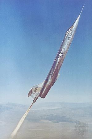 Lockheed F-104 Starfighter climbing into the upper atmosphere with the aid of an auxiliary rocket engine during astronaut training at Edwards Air Force Base, California, U.S., in 1957.