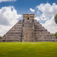 The Castillo, a Toltec-style pyramid, rises 79 feet (24 meters) above the plaza at Chichen Itza in Yucatan state, Mexico. The pyramid was built after invaders conquered the ancient Maya city in the tenth century.