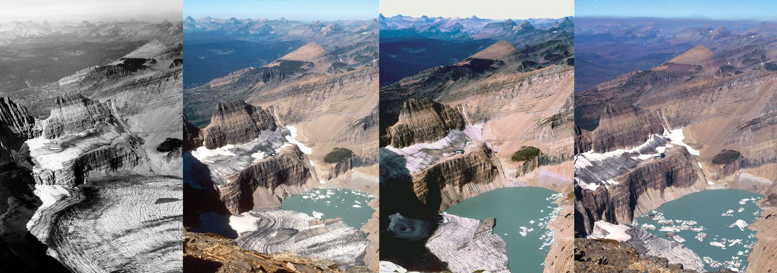 Combination shot of Grinnell Glacier taken from the summit of Mount Gould, Glacier National Park, Montana in the years 1938, 1981, 1998 and 2006.