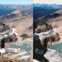 Combination shot of Grinnell Glacier taken from the summit of Mount Gould, Glacier National Park, Montana in the years 1938, 1981, 1998 and 2006.