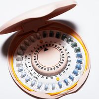 Hormonal contraceptive. Birth Control. Monthly birth control pill container, steroid hormones estrogen and progesterone, contraception, human reproduction