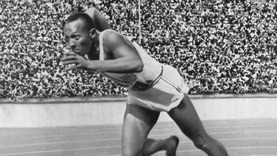 Berlin, 1936 - Jesse Owens of the USA in action in the mens 200m at the Summer Olympic Games. Owens won a total of four gold medals.