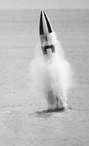 Lockheed-built Polaris A-3 submarine-launched ballistic missile, undergoing a test firing.