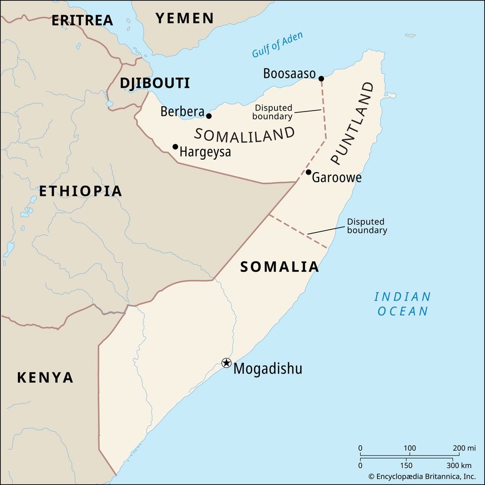 Somaliland, in the northwest area of Somalia. Political map: boundaries, disputed boundaries, cities.