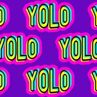 YOLO "You Only Live Once" written in bright colors and repeated on a purple background (acronym, slang)