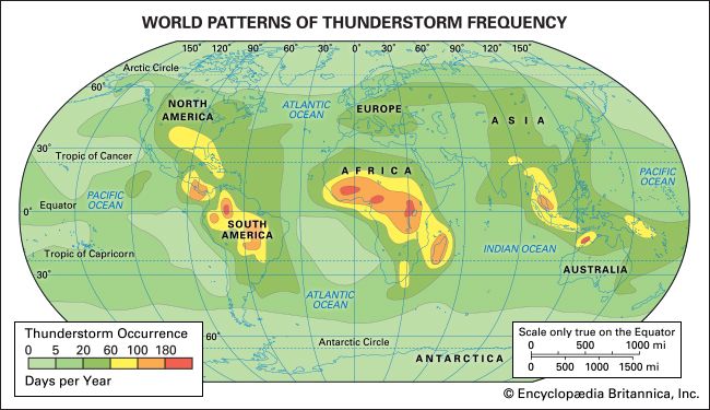 World patterns of thunderstorm frequency.