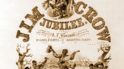 Sheet music cover 'Jim Crow Jubilee' illustrated with caricatures of African-American musicians and dancers. Originally, Jim Crow was a character in a song by Thomas Rice. (racism, segregation)