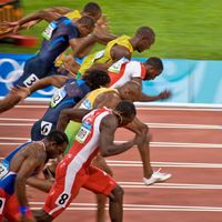 Start of Men's 100 meter sprint where Usain Bolt wins and sets a new world record at the 2008 Summer Olympic Games August 18, 2008 in Beijing, China.