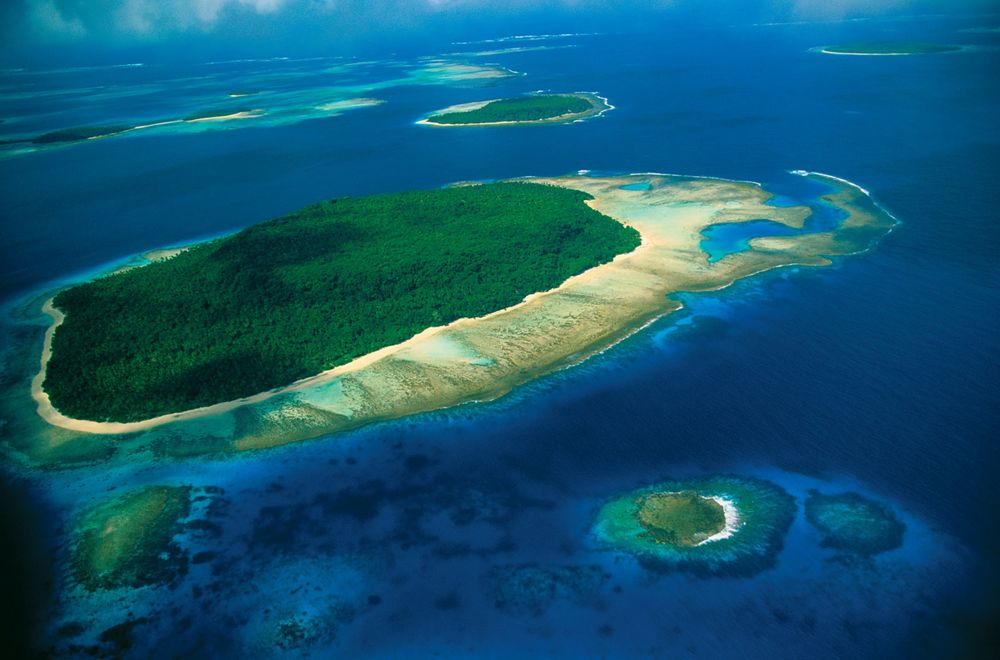 Aerial view of reef formations, South Pacific