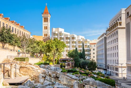 Remains of ancient Roman baths among modern buildings in Beirut.