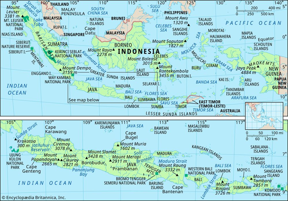 Indonesia in its entirety (upper map) and the islands of Java, Bali, Lombok, and Sumbawa (lower map). Physical features map. Includes locator.