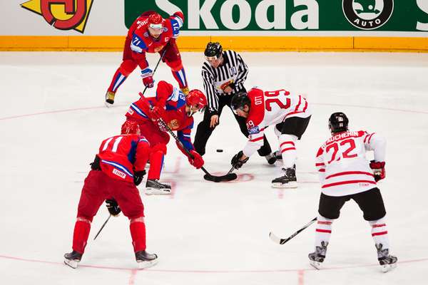 IIHF (International Ice Hockey Federation) World Championship. Quarterfinal game between Russia and Canada. Russian win 5:2. April 20, 2010 in Cologne, Germany