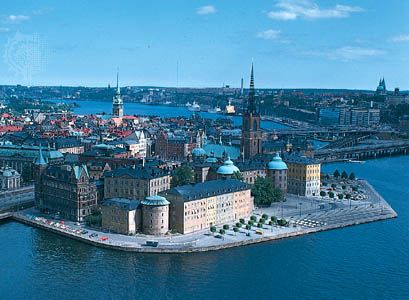 Riddar Island in Gamla Stan (Old Town), Stockholm; the openwork spire of Riddarholm Church can be seen at right