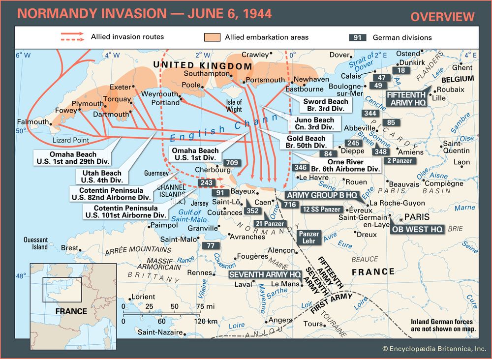 Normandy Invasion: Overview. Historical map. Includes locator.