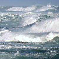 Large ocean waves breaking on a stormy day. (wave; sea; whitecaps; storm)