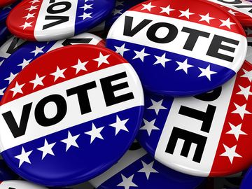 Election - Button that says Vote. Badge pin stars and stripes politics campaign