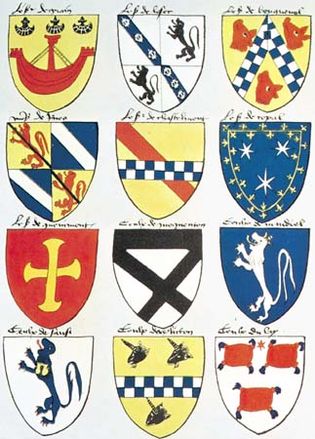 The image shows illustrations of 12 different crests.