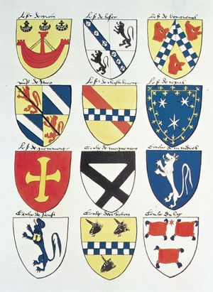 The image shows illustrations of 12 different crests.