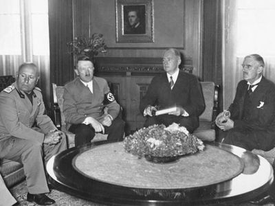 Munich Agreement: Benito Mussolini, Adolf Hitler, and Neville Chamberlain