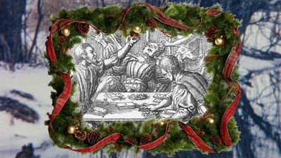 The video thumbnail image includes a 17th century artwork showing men fighting at a gambling table, surrounded by a Christmas garland and overlaid on a photograph of a snowy forest.