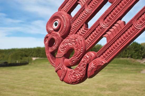 Detail of a carving on a Maori meetinghouse in the Hawke's Bay region of New Zealand.