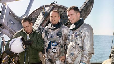 1965) The Gemini-8 Astronauts David R. Scott and Neil A. Armstrong are suited up for water egress training aboard the NASA Motor Vessell Retriever in the Gulf of Mexico. Training for Gemini 8, Gemini-titan-8