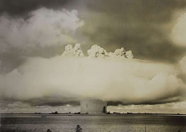 Atomic cloud formation from the Baker Day explosion over the Bikini Atoll; photo created July 25, 1946. (Test Baker, mushroom cloud, underwater nuclear explosion)