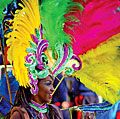 A woman with a brightly-colored feather headdress and costume, during a Carnival parade in Rio de Janeiro. Rio Carnival. Brazil Carnival.