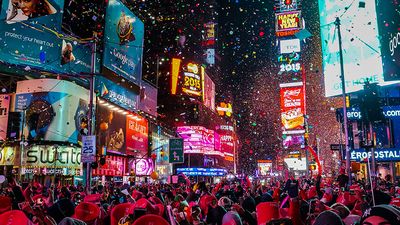 New York City, USA, January 1, 2015, Atmospheric new year's eve celebration on famous times square intersection after midnight with countless happy people enjoying the party