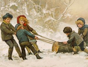 children hauling a Yule log