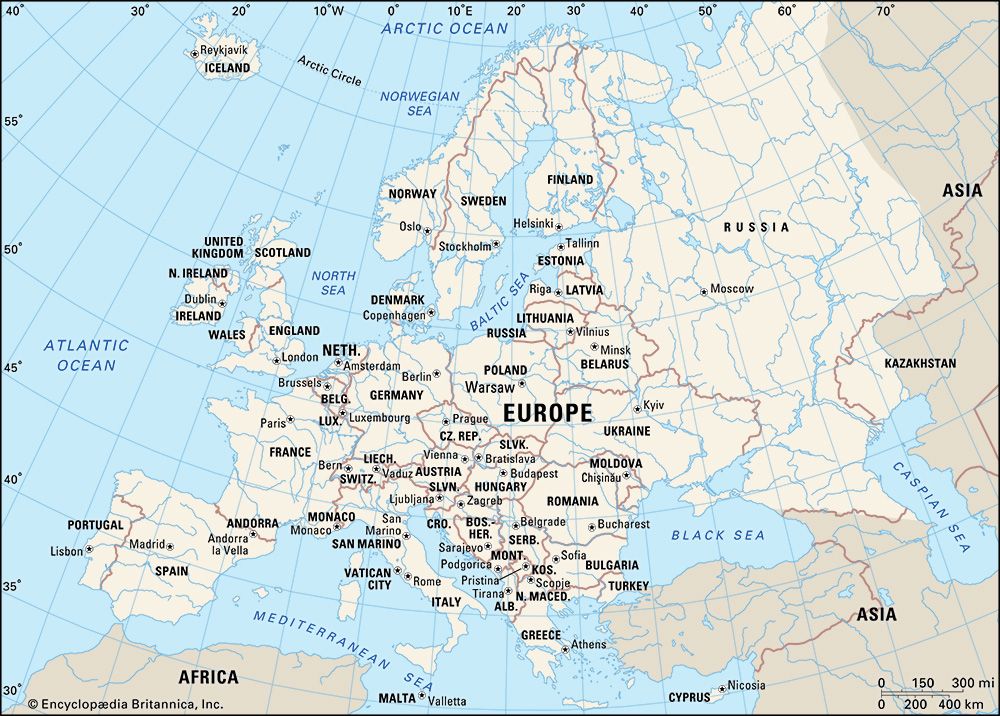 Map showing the countries of Europe with national capitals and surrounding bodies of water, including the Atlantic Ocean, Mediterranean Sea, and Black Sea.